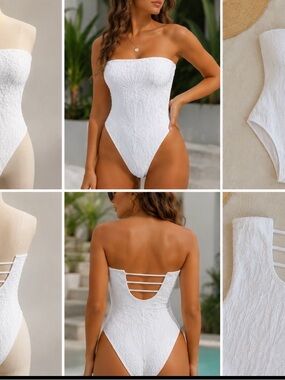 H&M White Textured Strapless One-Piece Swimsuit
